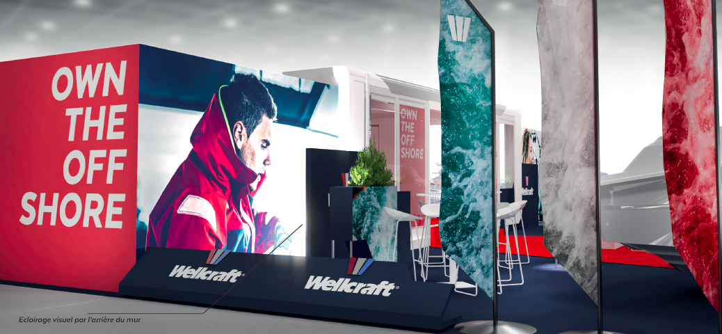 Stand concept for Wellcraft at the Boot Düsseldorf 21st to 29st January Sideview