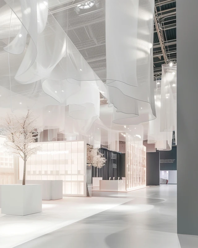 stand d’exposition retail avec rideaux, conçu pour créer une luxe premium et casual