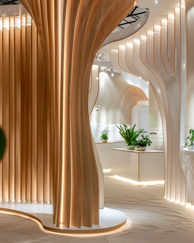stand d’exposition organique en bois et matériaux naturels, conçu pour créer une expérience immersive, favorisant l’attractivité et la circulation sur salon professionnel