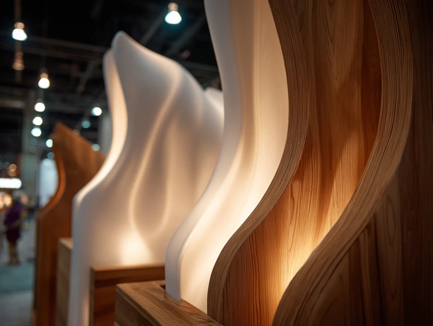 stand minimaliste en palette neutre inspirée de Pantone 2026, conçu pour créer une atmosphère apaisante, favorisant les échanges qualitatifs en environnement B2B