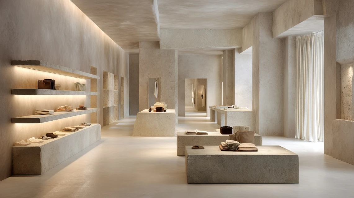 espace retail avec rideaux cloud dancer, conçu pour créer un luxe premium et casual moderne et design