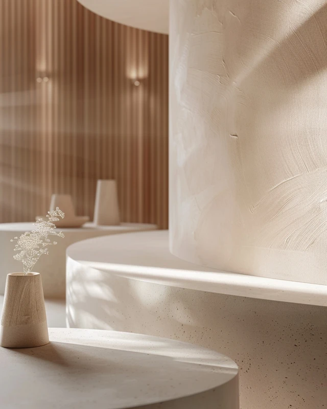 stand haut de gamme en bois texturé et éclairage intégré, conçu pour créer une expérience sensorielle, valorisant la qualité perçue des produits en salon