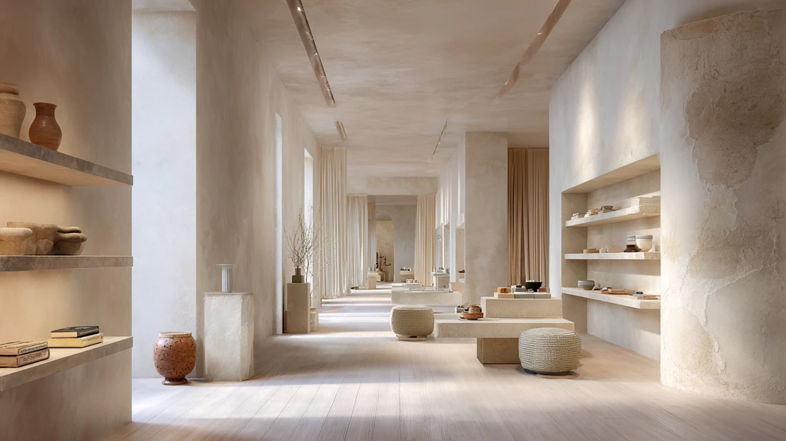 espace retail avec rideaux cloud dancer, conçu pour créer un luxe premium et casual moderne et design