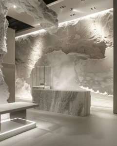 stand d’exposition retail avec pierre premium, conçu pour créer une luxe premium et casual