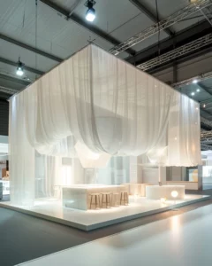 stand d’exposition immersif en voilage suspendu, conçu pour créer une expérience aérienne et fluide, favorisant l’attractivité et la circulation sur salon professionnel