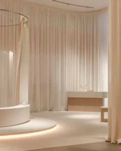 stand haut de gamme en surfaces minérales texturées, conçu pour créer une expérience sensorielle, valorisant la perception produit en environnement B2B