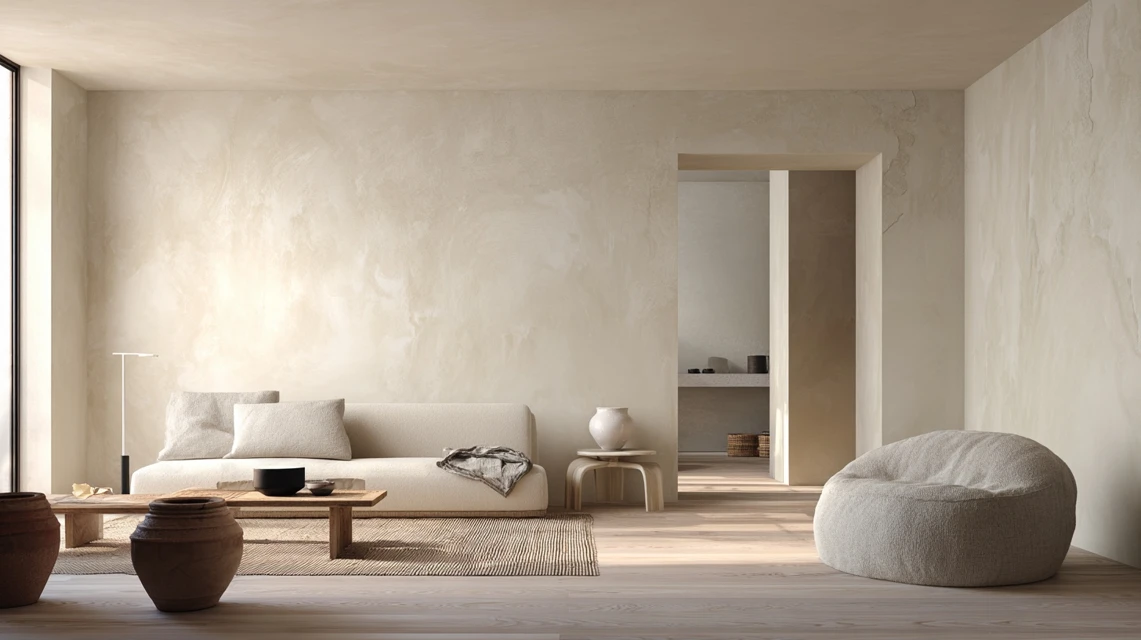 stand d’exposition minimaliste en palette neutre et matériaux naturels, conçu pour créer une atmosphère apaisante, favorisant les échanges qualitatifs sur salon professionnel